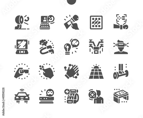 Future gadgets. Lighting touch control. VR glasses. Solar panels and hoverboard. Unmanned flying vehicle. Innovation and future technology. Vector Solid Icons. Simple Pictogram