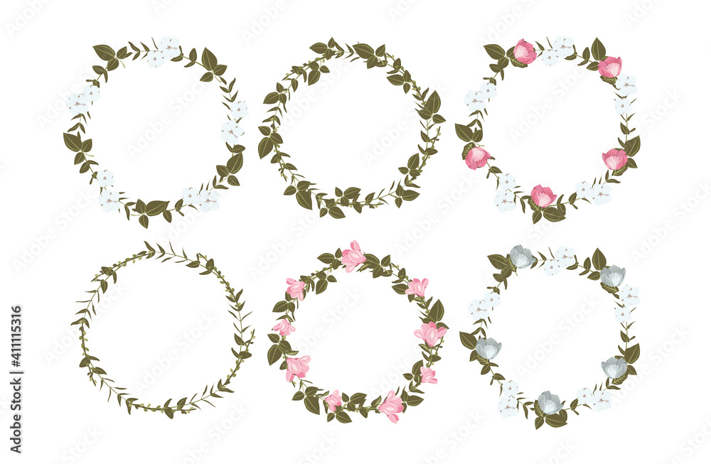 Vector set of beautiful floral wreaths. Festive wreaths, round frames with leaves, magnolias and cotton on white background. Green, pink, blue elements for wedding, spring and summer design Vector set of beautiful floral wreaths. Festive wreaths, round frames with leaves, magnolias and cotton on white background. Green, pink, blue elements for wedding, spring and summer design