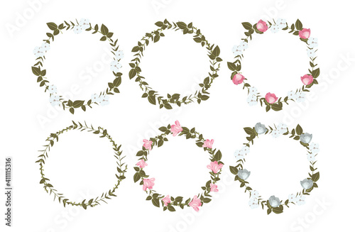 Vector set of beautiful floral wreaths. Festive wreaths, round frames with leaves, magnolias and cotton on white background. Green, pink, blue elements for wedding, spring and summer design