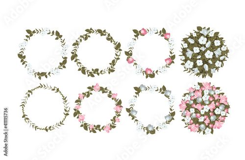 Vector set of floral wreaths and bouquets. Festive wreaths, round frames with leaves, magnolias and cotton on white background. Green, pink, blue elements for wedding, spring and summer design