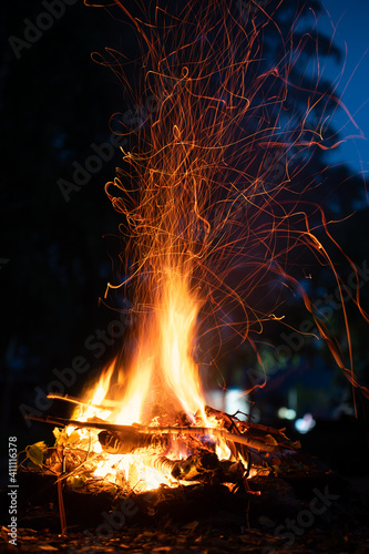 campfire at a picnic in the forest at night