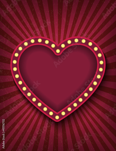 Brightly glowing red heart retro cinema neon vertical sign. Saint Valentine Day circus style show banner template. Background vector poster love image