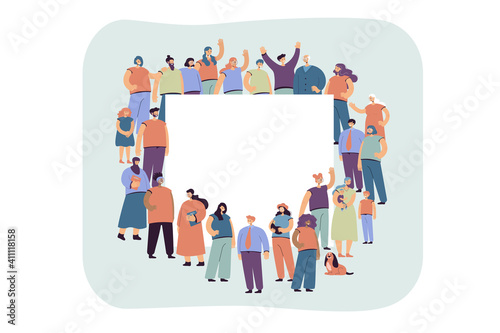 Multicultural crowd of people standing around blank banner flat vector illustration. Cartoon different characters standing together. Community and society concept