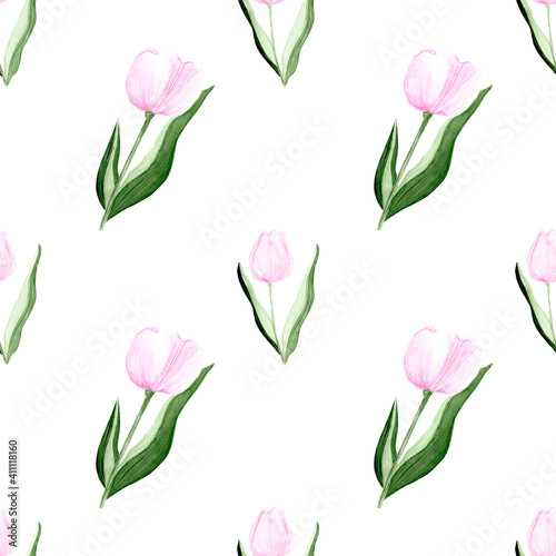 Seamless pattern in watercolor style with tulips illustrations. 