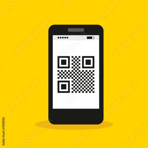 Scan the qr code to return the cashback, send information, link to the website. Mobile phone icon, device. Black smartphone screen in flat design style. Logo mockup, new flat style illustration.