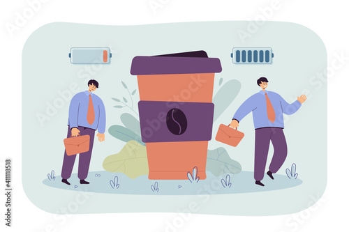 Office worker suffering from caffeine addiction. Man getting energy and charging personal battery from takeaway coffee. Businessman taking cappuccino and getting high