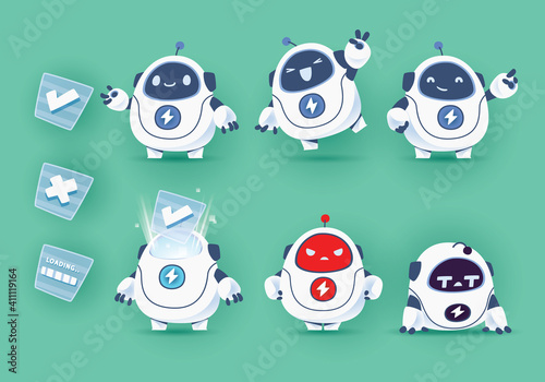 set of funny cartoon modren fat robots mascot