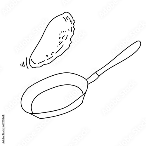 Doodle pancake over a frying pan, baking pancakes for the holiday contour drawing