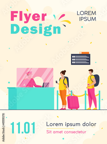 Travelers standing in queue for flight registration. Baggage, line, ticket flat vector illustration. Airlines and traveling concept for banner, website design or landing web page