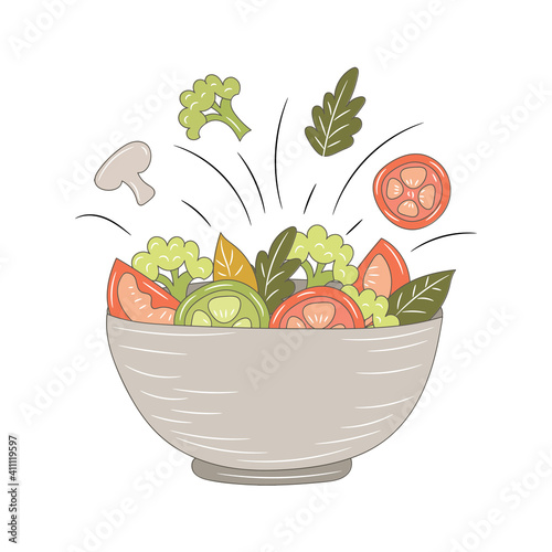 A Bowl of vegetarian food vector illustration, isolated colored hand drawn linear style 