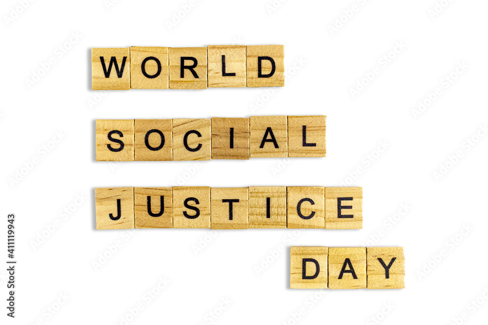 Top view of the word world social justice day laid out from square wooden tiles isolated on white background. World and international day. Top view of the word world social justice day laid out from square wooden tiles isolated on white background. World and international day.