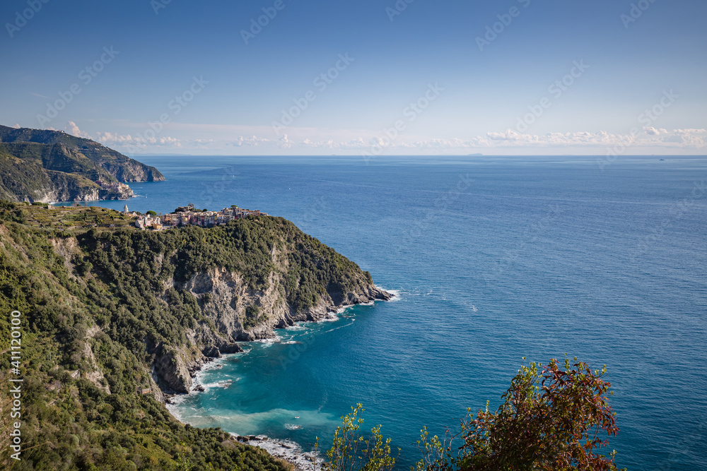 Postcard view. Corniglia village in Cinque Terre on the Italian Riviera