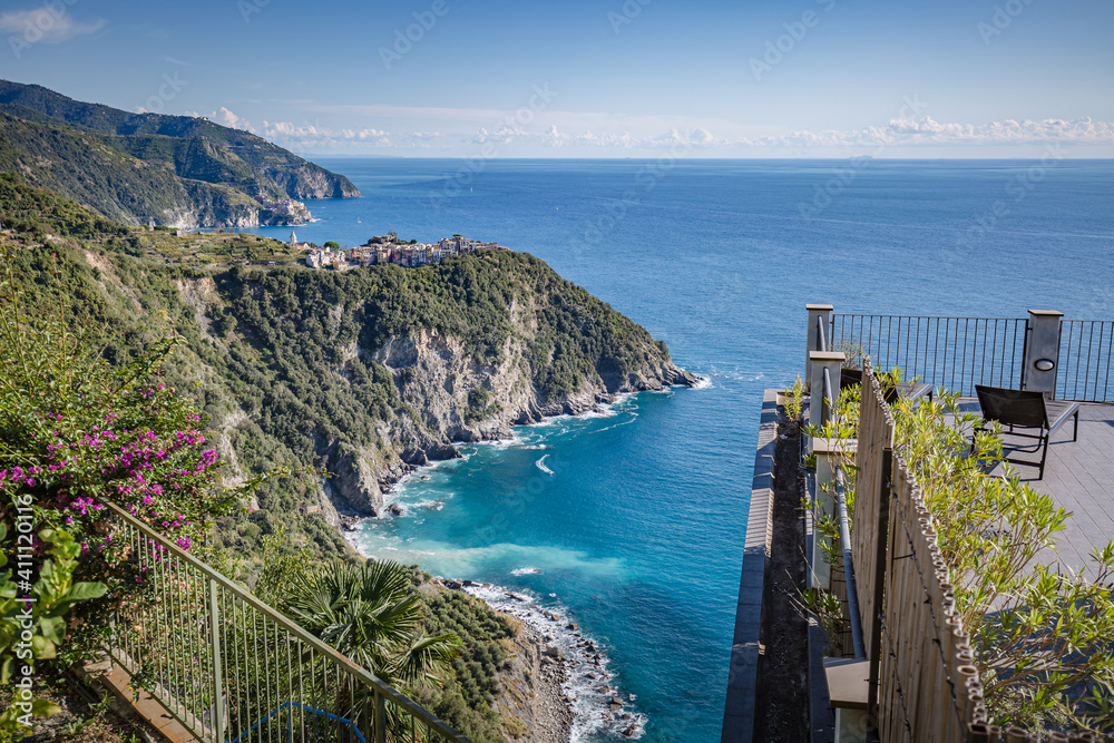 Postcard view. Corniglia village in Cinque Terre on the Italian Riviera