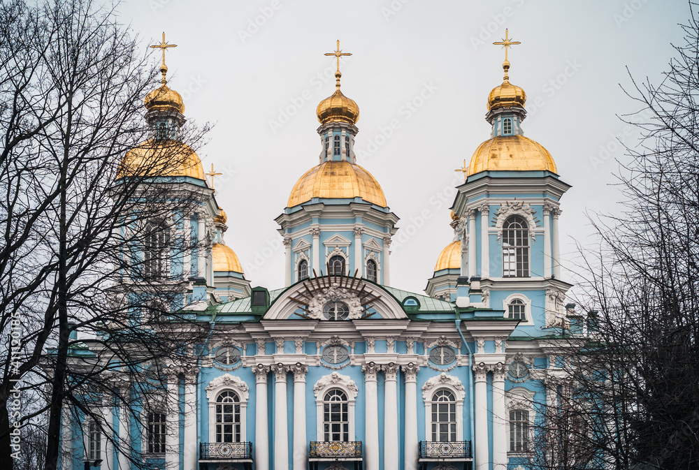 Saint Nicholas Navy Cathedral, a Blue Baroque Orthodox Church in St. Petersburg, Russia
