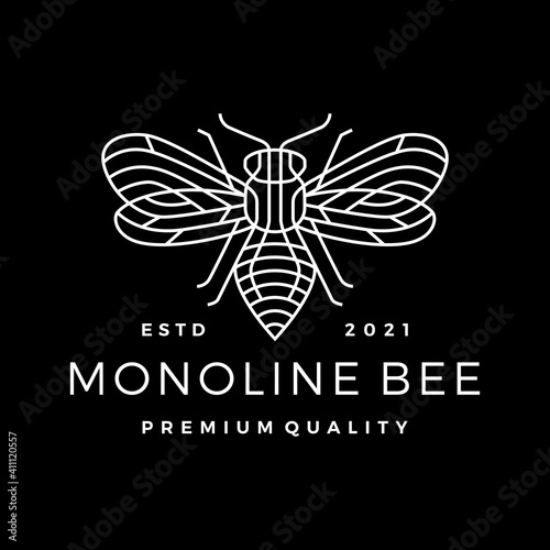 monoline bee line outline line art black background logo vector icon illustration