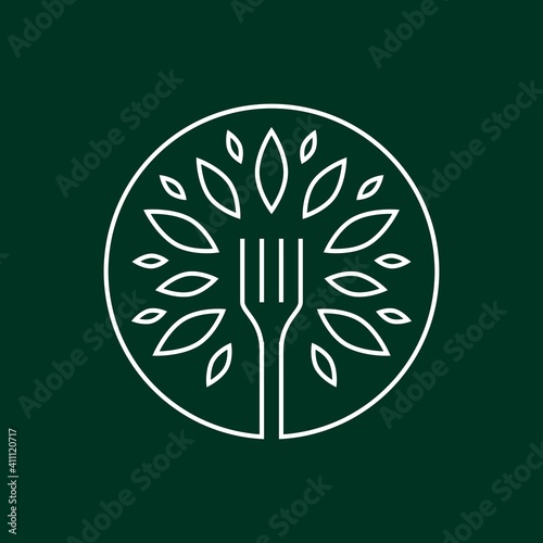 fork tree food leaf round line outline monoline logo vector icon illustration