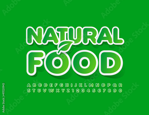 Vector green sign Natural Food with Decorative Leaf. Sticker style Font. Modern Alphabet Letters and Numbers set