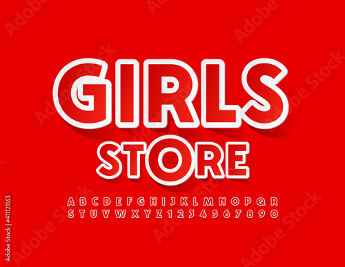 Vector stylish Sign Girls Store. Trendy Red and White Font. Bright Alphabet Letters and Numbers