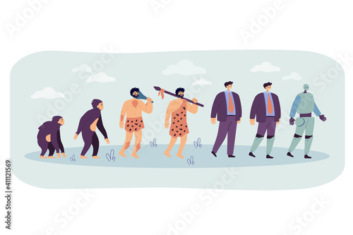 Human evolution to robot line. Primate monkey, ancestor, caveman, business man, man with bionic limb, cyborg. Vector illustration for anthropology, intelligence development concept
