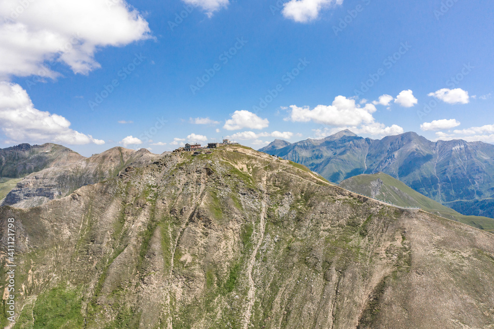 Aerial drone view of Edelweissspitze viewpoint on Grossglockner Taxenbacher Fusch High Alpine Road in Austria