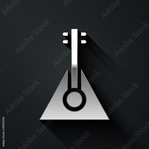 Silver Musical instrument balalaika icon isolated on black background. Long shadow style. Vector.