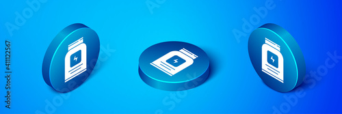 Isometric Sports nutrition bodybuilding proteine power drink and food icon isolated on blue background. Blue circle button. Vector.