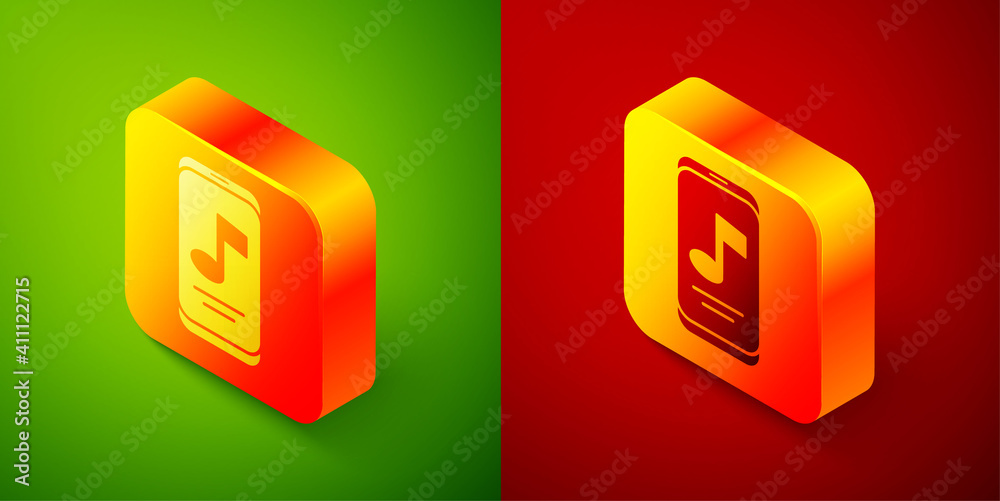 Isometric Music player icon isolated on green and red background. Portable music device. Square button. Vector. Isometric Music player icon isolated on green and red background. Portable music device. Square button. Vector.