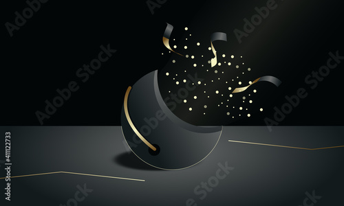 3D renderings, 3D black geometric background, dark background, podium with shiny gold lines, perfect for product advertisements, banners, etc.