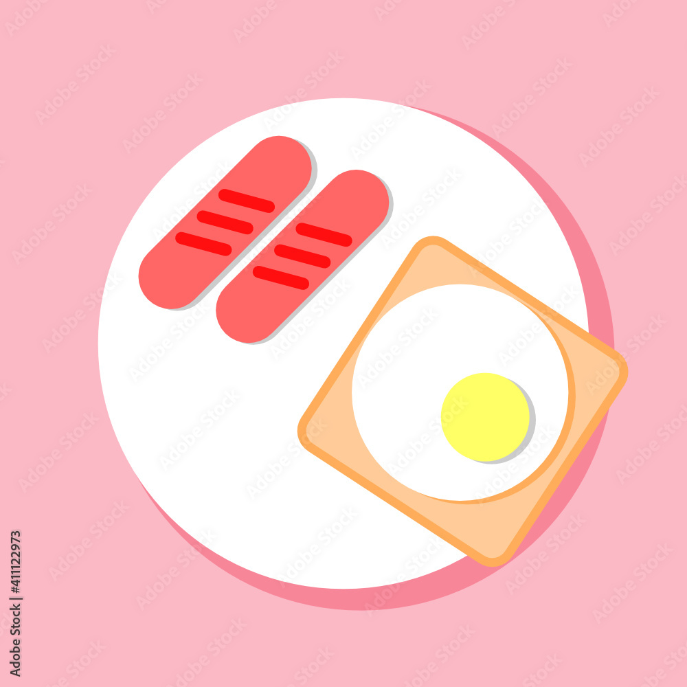 fried egg and sausage on a plate flat design fried egg and sausage on a plate flat design