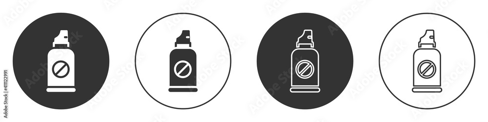 Black Spray against insects icon isolated on white background. Circle button. Vector. Black Spray against insects icon isolated on white background. Circle button. Vector.