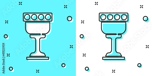 Black line Medieval goblet icon isolated on green and white background. Holy grail. Random dynamic shapes. Vector.