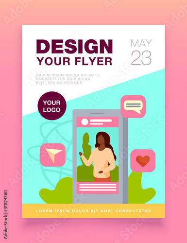 Social media post with picture. Blogger, video, like, sharing, repost flat vector illustration. Communication, marketing influencer concept for banner, website design or landing web page