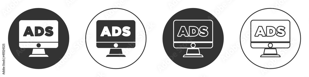Black Advertising icon isolated on white background. Concept of marketing and promotion process. Responsive ads. Social media advertising. Circle button. Vector. Black Advertising icon isolated on white background. Concept of marketing and promotion process. Responsive ads. Social media advertising. Circle button. Vector.