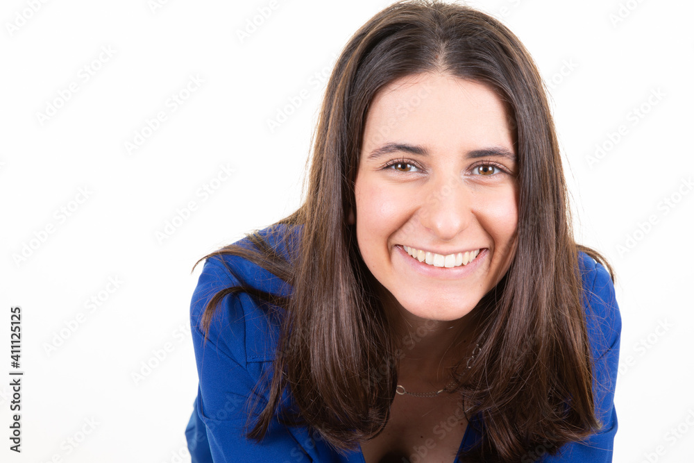 Portrait of cheerful model laughing young woman brunette isolated on white background Portrait of cheerful model laughing young woman brunette isolated on white background