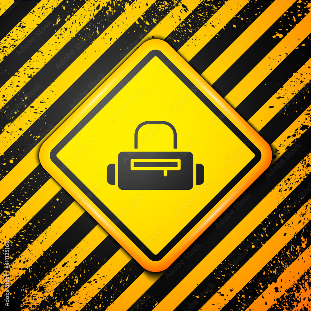 Black Sport bag icon isolated on yellow background. Warning sign. Vector. Black Sport bag icon isolated on yellow background. Warning sign. Vector.