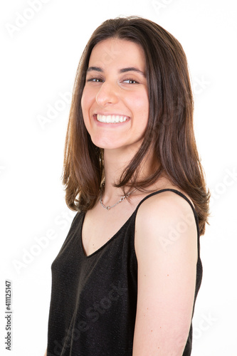 profile side portrait of slim cheerful young woman pretty smiling girl