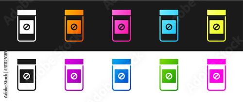 Set Sports doping, anabolic drugs icon isolated on black and white background. Anabolic steroids tablet. Pills in jar. Vector.