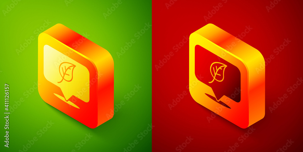 Isometric Location with leaf icon isolated on green and red background. Eco energy concept. Alternative energy concept. Square button. Vector. Isometric Location with leaf icon isolated on green and red background. Eco energy concept. Alternative energy concept. Square button. Vector.