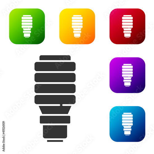 Black LED light bulb icon isolated on white background. Economical LED illuminated lightbulb. Save energy lamp. Set icons in color square buttons. Vector.