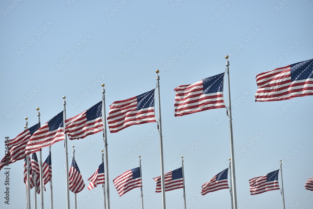 Fototapeta premium The American flag fluttering in a semicircle on a blue background.