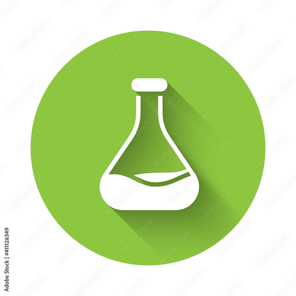 White Test tube and flask icon isolated with long shadow. Chemical laboratory test. Laboratory glassware. Green circle button. Vector. White Test tube and flask icon isolated with long shadow. Chemical laboratory test. Laboratory glassware. Green circle button. Vector.