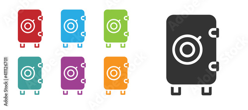 Black Safe icon isolated on white background. The door safe a bank vault with a combination lock. Reliable Data Protection. Set icons colorful. Vector.