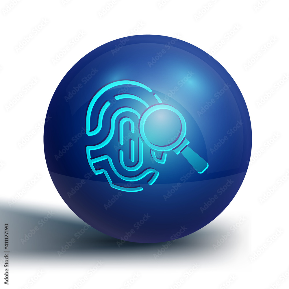 Blue Magnifying glass with fingerprint icon isolated on white background. Identification sign. Blue circle button. Vector. Blue Magnifying glass with fingerprint icon isolated on white background. Identification sign. Blue circle button. Vector.