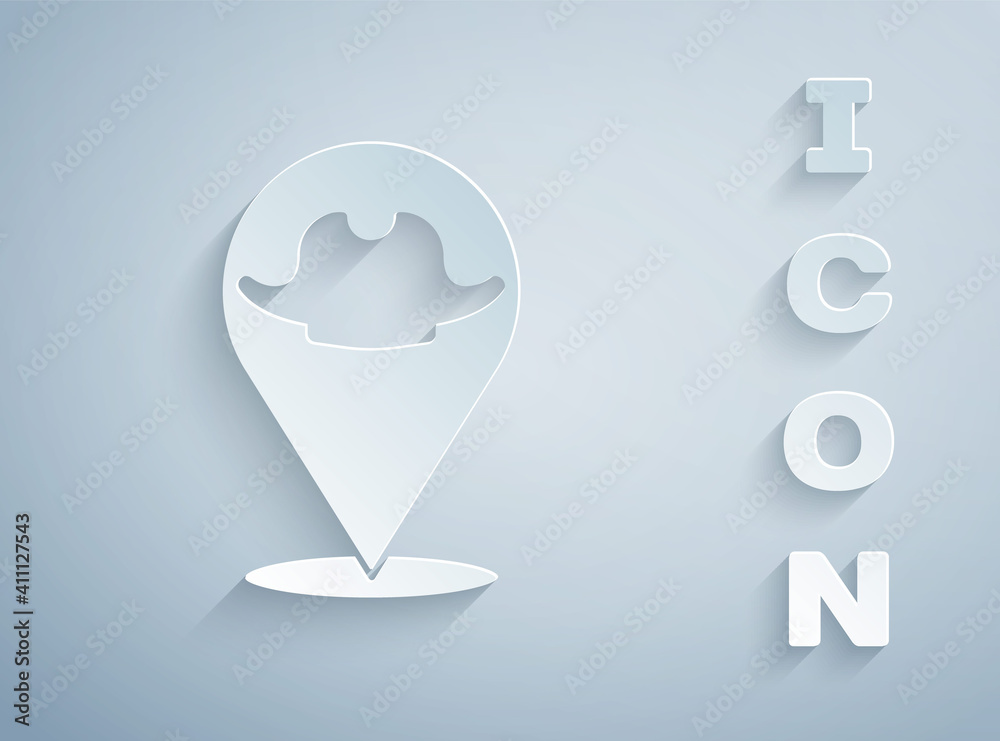 Paper cut Location pirate icon isolated on grey background. Paper art style. Vector. Paper cut Location pirate icon isolated on grey background. Paper art style. Vector.