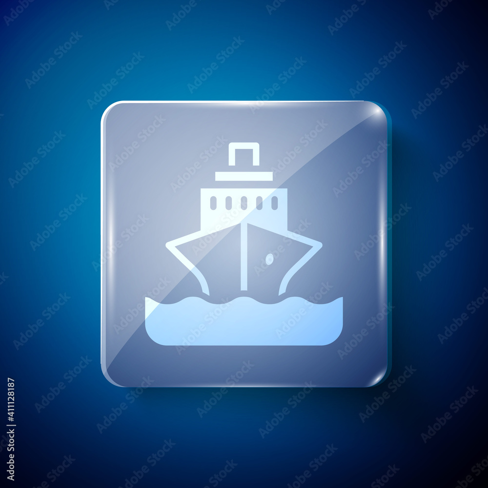 White Cruise ship icon isolated on blue background. Travel tourism nautical transport. Voyage passenger ship, cruise liner. Worldwide cruise. Square glass panels. Vector.
