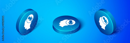 Isometric Baby dummy pacifier icon isolated on blue background. Toy of a child. Blue circle button. Vector.