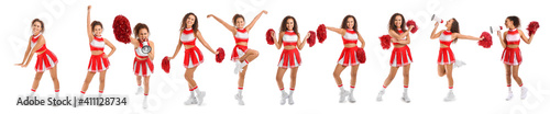 Set of beautiful African-American cheerleader on white background photo