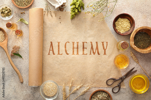 Parchment with text ALCHEMY...
