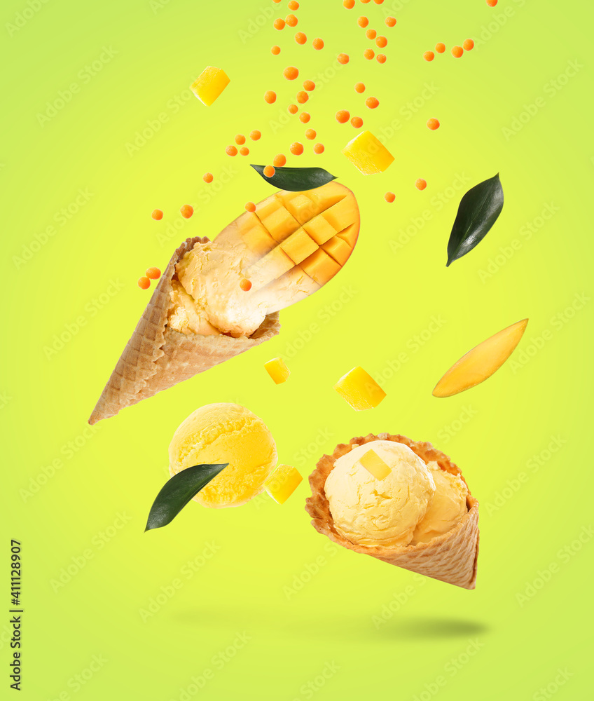 Sweet mango ice-cream on color background Sweet mango ice-cream on color background