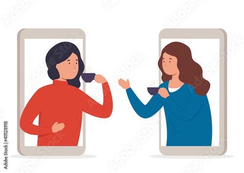 Woman talking with friends on phone drinking tea. Happy women spend time online for a friendly chat.